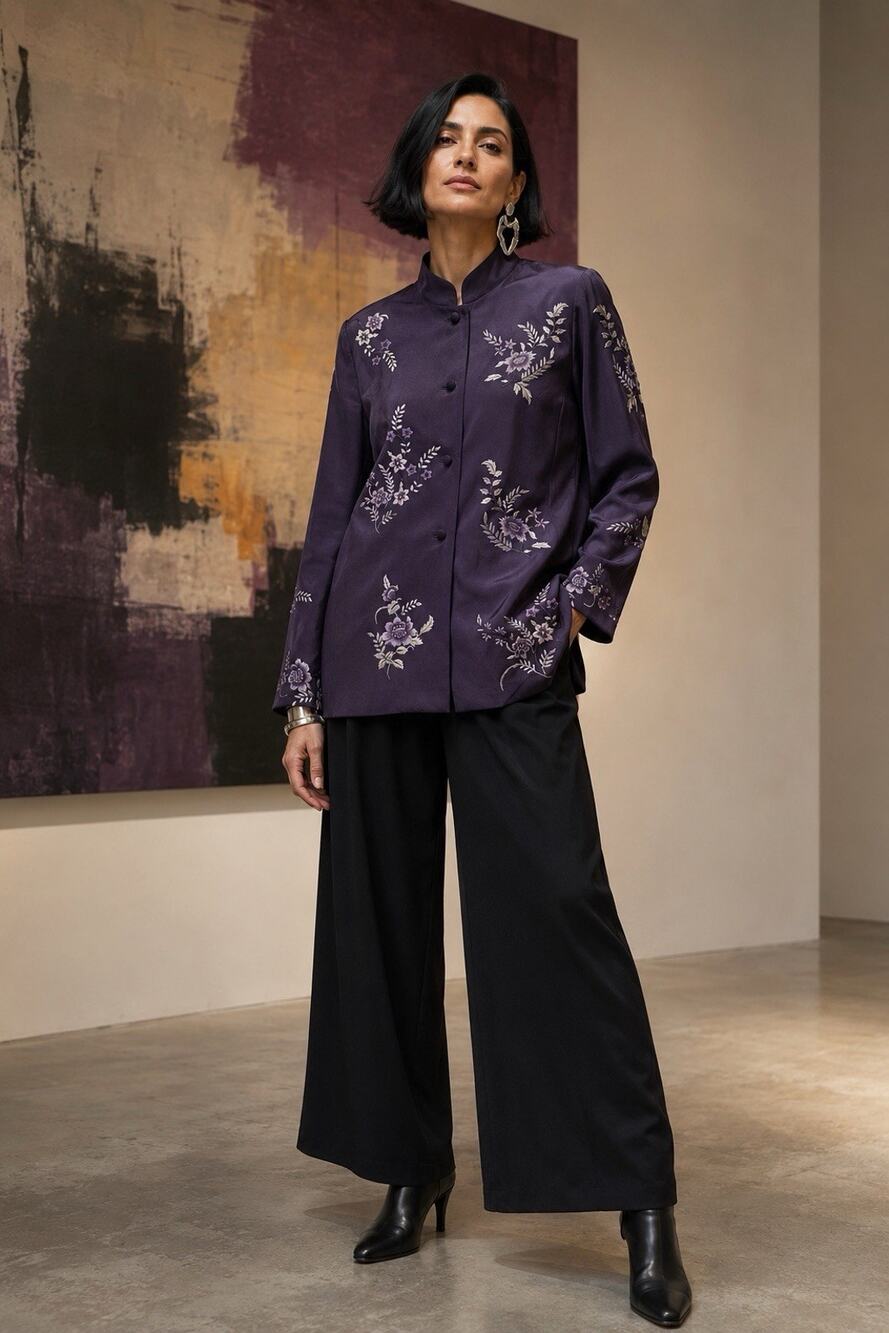 VTG Dana Buchman Silk Blazer 10 Purple Floral Embroidered Mandarin Collar Asian
